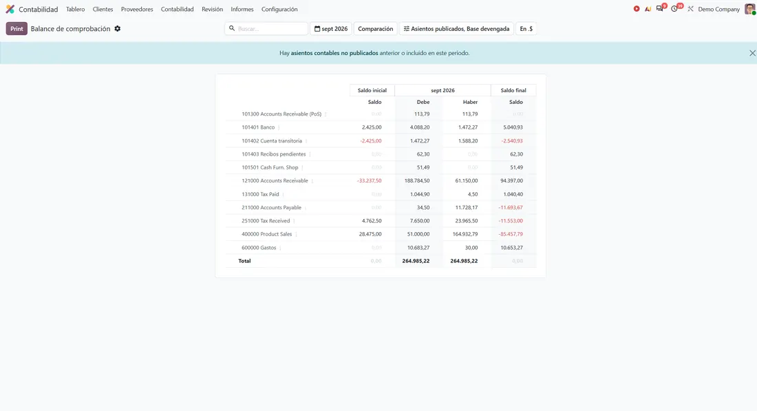 Informe de balance de comprobación